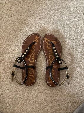 Sam Edelman Black and Gold Studded T-Strap Sandals